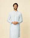 alt message - Manyavar Men Light Blue Polka Dot Printed Kurta Set image number 0